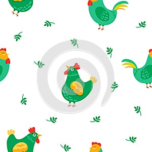 Hen rooster and chick. Seamless pattern