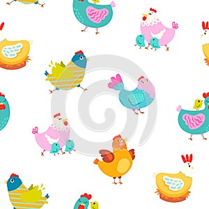 Hen rooster and chick. Seamless pattern