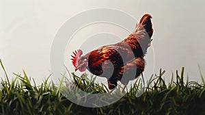 a hen's natural behavior, as it pecks at insects in the lush grass, exhibiting intricate details and vivid realism