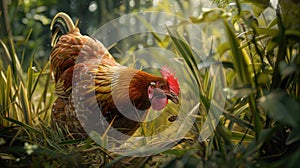 a hen's natural behavior, as it pecks at insects in the lush grass, exhibiting intricate details and vivid realism