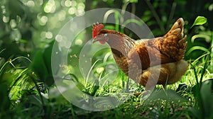 a hen's natural behavior, as it pecks at insects in the lush grass, exhibiting intricate details and vivid realism