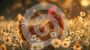 a hen's natural behavior, as it pecks at insects in the lush grass, exhibiting intricate details and vivid realism