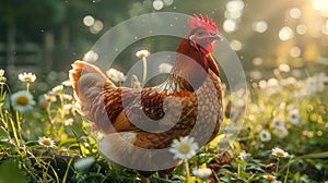 a hen's natural behavior, as it pecks at insects in the lush grass, exhibiting intricate details and vivid realism