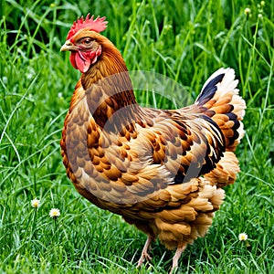 a hen\'s natural behavior, as it pecks at insects in the lush grass, exhibiting intricate details and vivid realism