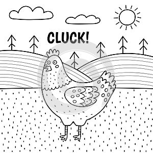 Hen saying cluck black and white print. Cute farm character on a green pasture