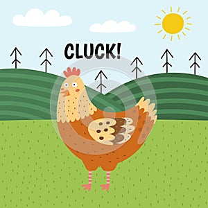 Hen saying cluck print. Cute farm character on a green pasture making a sound photo