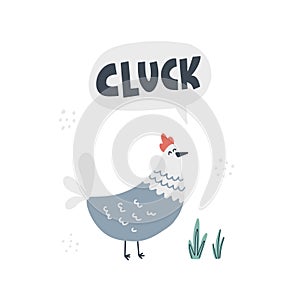 Hen says cluck. Hand drawn vector illustration with lettering for kids design