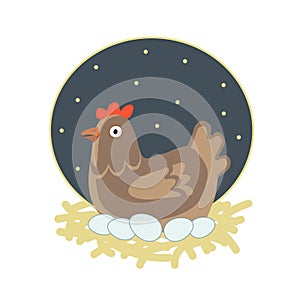 Hen sitting on her eggs in straw nest at night-140(AI