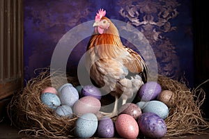 hen sitting protectively on a nest of colorful eggs