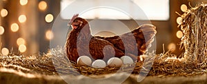 The hen sitting proudly in her nest with freshly laid eggs..AI generated image