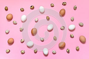 Hen white and brown eggs and quail eggs on pink background, copy space. Healthy food concept. Top view, flat lay. Easter eggs.