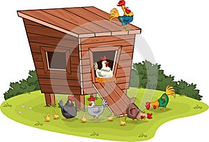 Henhouse with chicken and chicks