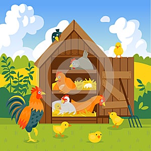 Henhouse with funny birds on a green lawn vector illustration