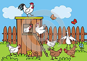 Henhouse and poultry in the backyard, vector illustration