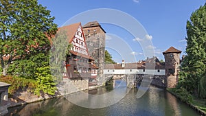 Henkerturm tower and old bridge over Pegnitz in Nuremberg