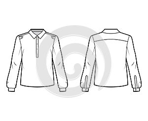 Henley shirt technical fashion illustration with buttoned placket, shoulder epaulettes, classic military style