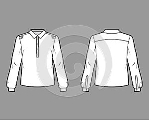 Henley shirt technical fashion illustration with buttoned placket, shoulder epaulettes, classic military style