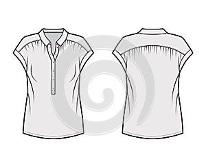 Henley top technical fashion illustration with loose silhouette, regular colar, sleeveless, gentle pleats.