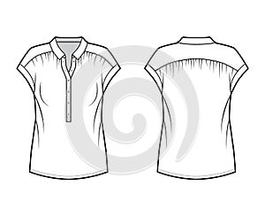 Henley top technical fashion illustration with loose silhouette, regular colar, sleeveless, gentle pleats.