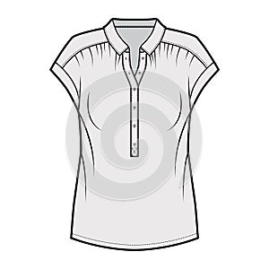 Henley top technical fashion illustration with loose silhouette, regular colar, sleeveless, gentle pleats. photo