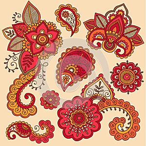 Henna Colorful Mehndi Tattoo Doodles Vector