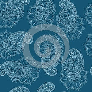 Henna Mehendy Doodles Seamless Pattern on a blue background photo