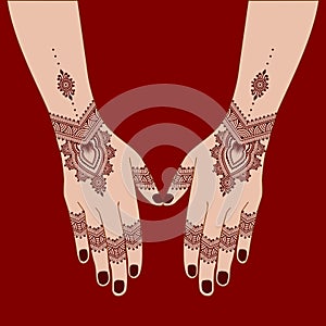 Henna mehndi mehendi inai for wedding design on two hands indian arabic asian culture vector illustration