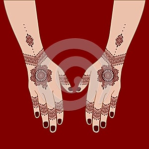 Henna mehndi mehendi inai for wedding design on two hands indian arabic asian culture vector illustration