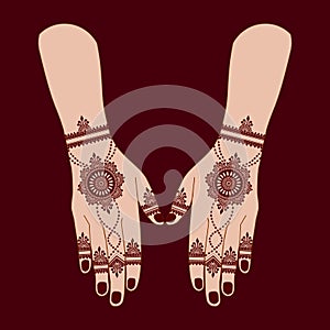 Henna mehndi mehendi inai for wedding design on two hands indian arabic asian culture vector illustration
