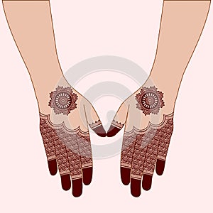 Henna mehndi mehendi mahendi inai for wedding design on two hands indian arabic asian culture vector illustration