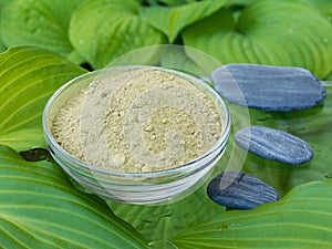 Henna powder in the glass bowl