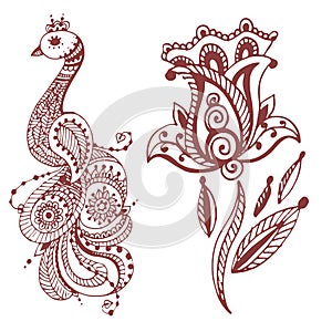 Henna tattoo brown mehndi flower doodle ornamental decorative indian design pattern paisley arabesque mhendi