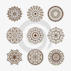 Henna tattoo brown mehndi flower template doodle ornamental lace decorative element and indian design pattern paisley