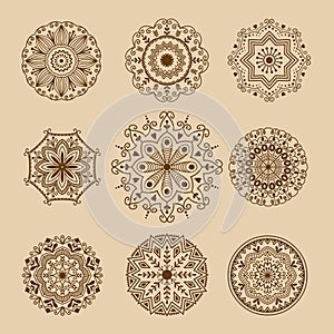 Henna tattoo brown mehndi flower template doodle ornamental lace decorative element and indian design pattern paisley