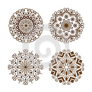 Henna tattoo brown mehndi flower template doodle ornamental lace decorative element and indian design pattern paisley