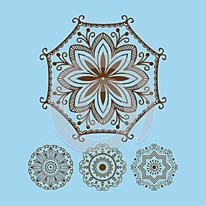 Henna tattoo brown mehndi flower template doodle ornamental lace decorative element and indian design pattern paisley