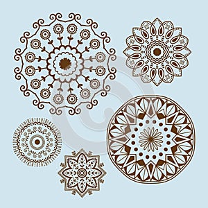 Henna tattoo brown mehndi flower template doodle ornamental lace decorative element and indian design pattern paisley