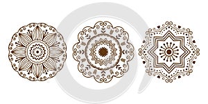 Henna tattoo brown mehndi flower template doodle ornamental lace decorative element and indian design pattern paisley