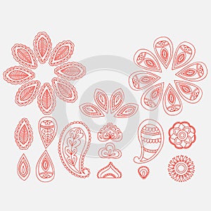 Henna tattoo floral doodle design elements, indian line art mehndi on white background
