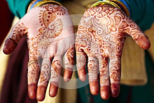 Henna tattoo hand art in India