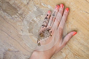 henna tattoo on women hands. Mehndi is traditional Indian decorative art. Close-up, overhead view - beauty concept