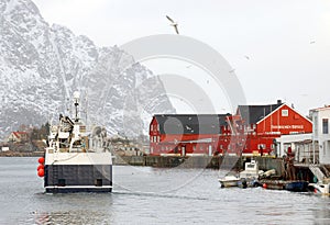 HENNINGSVAER, NORWAY, FEBRUARY 20, 2022: Henningsvaer harbor in Lofoten Archipelago, Europe.