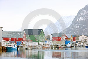 HENNINGSVAER, NORWAY, FEBRUARY 20, 2022: Henningsvaer harbor in Lofoten Archipelago, Europe.