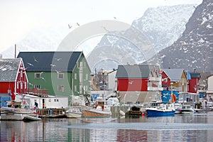 HENNINGSVAER, NORWAY, FEBRUARY 20, 2022: Henningsvaer harbor in Lofoten Archipelago, Europe.