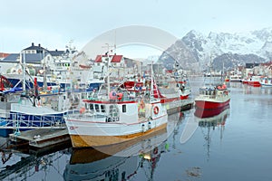 HENNINGSVAER, NORWAY, FEBRUARY 20, 2022: Henningsvaer harbor in Lofoten Archipelago, Europe.