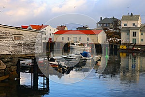 HENNINGSVAER, NORWAY, FEBRUARY 20, 2022: Henningsvaer harbor in Lofoten Archipelago, Europe.