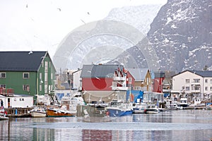 HENNINGSVAER, NORWAY, FEBRUARY 20, 2022: Henningsvaer harbor in Lofoten Archipelago, Europe.