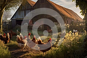 hens foraging in a farmyard with a rustic barn