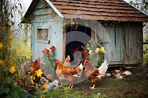 hens pecking near a cozy chicken coop