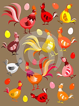 Hens, rooster and eggs